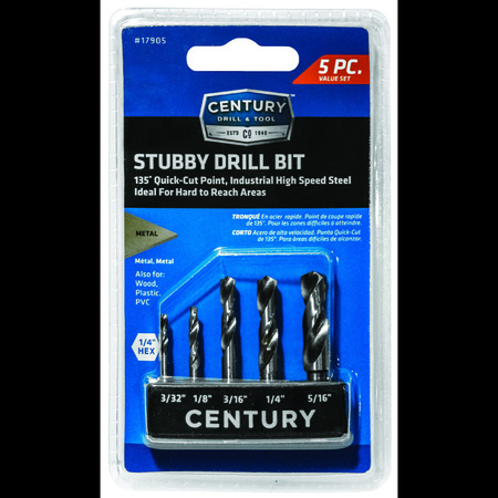 CENTURY DRILL & TOOL Stubby Drill Bit Set 5Pc Contains 1 Each Of 3/32 1/8 3/16 1/4 And 5/16 17905